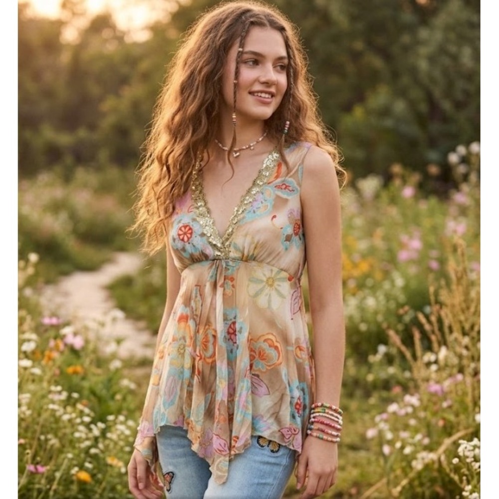 Vintage Y2K Fairycore Babydoll Top Womens M Brown Floral Sequin Boho Whimsigoth